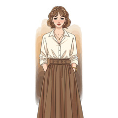 Stylish handdrawn illustration of a young woman in a white shirt and long brown skirt.