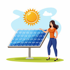 Illustration of a person examining a solar panel under a bright sun, representing renewable energy and sustainability.