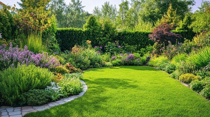 Naklejka premium Lush and Vibrant Garden Landscape with Colorful Flowers, Green Grass, and Intricate Pathways Surrounded by Beautiful Foliage in Daylight