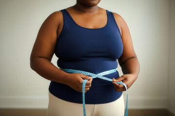Medical Illnesses and Ailments – Overweight Black woman measuring her midsection with a blue tape, focusing on weight loss or obesity