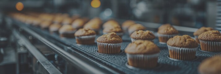 Cupcakes being produced on a conveyor belt in a bustling bakery during morning hours - Low Contrast