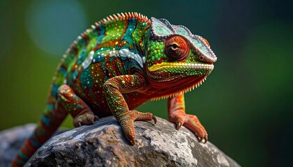 Fototapeta premium A vibrant chameleon perches on a rock, showcasing brilliant hues of green, red, and yellow against a blurred nature backdrop
