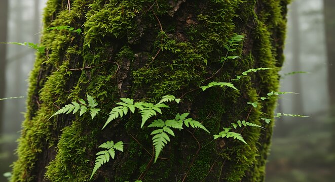Mossy tree trunk with ferns in a forest environment for nature concepts