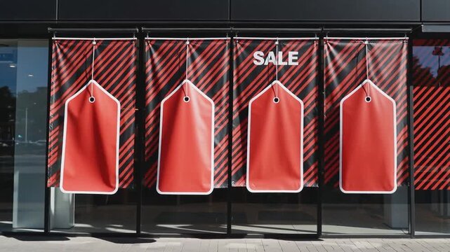 Red sale tags displayed on striped black and red background in storefront window with word "SALE" above. Retail promotion and seasonal discount concept. Design for banner, poster, website header. Outd