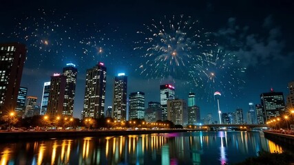 Dynamic skyline celebration, vibrant fireworks illuminate the city, perfect for festive events, holidays, and celebrations, ideal for event promos