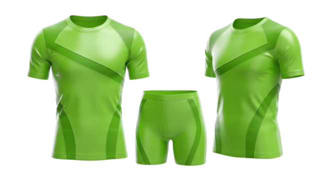 A mockup of a lime green sports kit with two short-sleeve t-shirts and matching shorts on a white background.