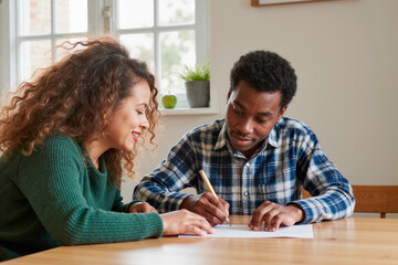Fototapeta premium Young adult Caucasian woman and young adult Black man sitting at table collaborating on paperwork, both focused and engaged in writing together in bright indoor setting