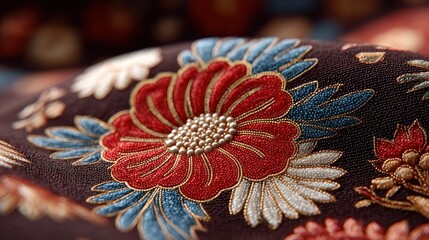 Intricate floral pattern with embroidery, fabric texture close-up art