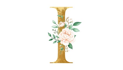 Golden letter I adorned with pastel floral bouquet