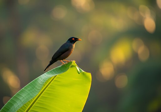 Common Myna Bird Perched on a Bright Green Banana Leaf. Generative Ai