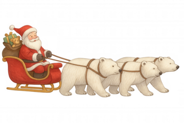 Santa claus riding in his red sleigh, pulled by three polar bears with harnesses, carrying a sack full of christmas gifts