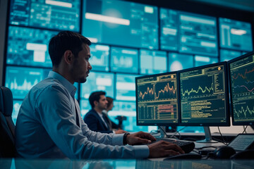 Young adult Caucasian man analyzing financial data on multiple computer monitors in modern control room, diverse colleagues working in background, large digital screens displaying charts