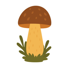 Vector illustration of autumn boletus mushroom with brown cap, flat style, isolated decorative forest element.