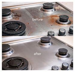 Kitchen metallic stove before and after service cleaning. Dirty gas stove stained while cooking, stove in grease. Unsanitary conditions, mess in house. Collage before, after cleaning from dirt.