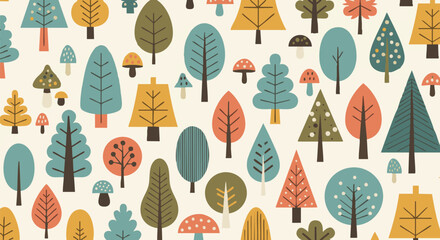 Seamless pattern of cartoon trees and mushrooms in forest. Playful background with hand drawn elements creates a fun, nature themed design