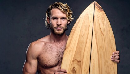 A shirtless, muscular man with wavy blonde hair holds a wooden surfboard. He is facing the camera with a neutral expression
