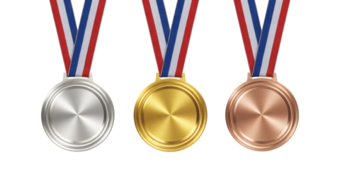 Gold silver bronze medals with red white blue ribbons for first second third place achievement and victory celebration