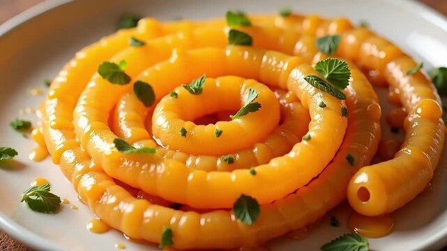 Delicious jalebi dessert swirling enticingly with vibrant color and fresh mint, ready to be devoured, perfect for food blogs and culinary adventures