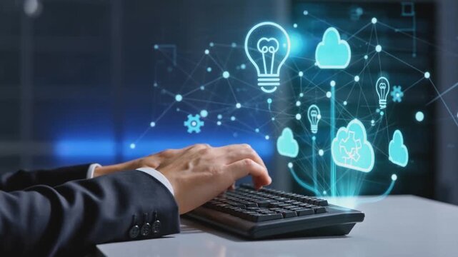 Businessman typing on keyboard with glowing digital icons of cloud computing, light bulbs, and network connections. Innovation and cloud technology concept. Design for banner, poster, website header, 