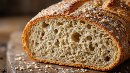 Freshly Baked Artisan Bread Loaf with Crusty Exterior and Soft Textured Interior on Wooden Surface
