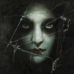 Creepy Ghostly Face Behind Cracked Glass in Old Master Oil Painting Style with Dramatic Chiaroscuro Shadows