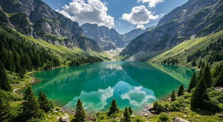 Scenic mountain lake landscape with lush greenery and clear water reflection