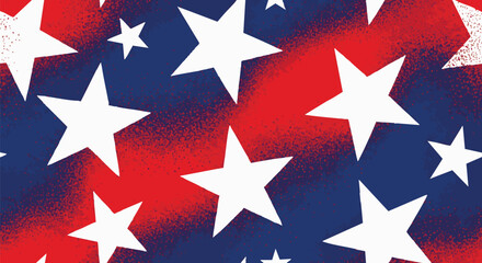 Abstract patriotic background with white stars on a vibrant red and blue spray-painted, distressed texture