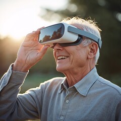 Elderly Man Smiling Outdoors While Using Augmented Reality Glasses with Futuristic Technology for Active Seniors