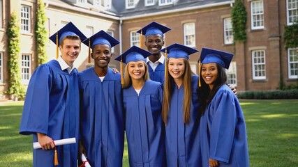 Group of diverse university graduates wearing blue caps and gowns standing together and smiling on campus lawn in front of academic building. Graduation ceremony and academic achievement concept. Desi