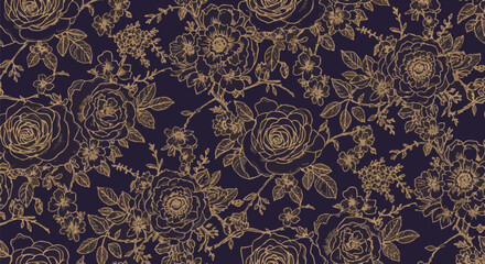 Elegant floral pattern in gold on dark navy blue. This seamless botanical design conveys luxury and sophistication