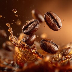 Fun and creative image of roasted coffee beans falling into liquid coffee with a warm gradient background in brown and amber tones, designed for gourmet advertising, brochures, flyers, and posters.