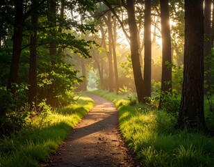 Sunlit forest path winding through trees