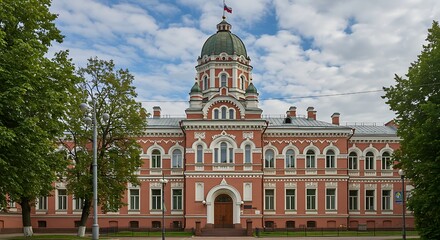 Obraz premium Grand architectural building with dome under cloudy sky day exterior