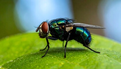 A close-up shot showcases a vibrant, iridescent insect on a green leaf. The bug's body reflects light with a metallic sheen. Background blurred