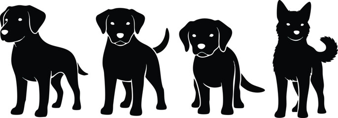 Naklejka premium Four black dog silhouettes standing on a white background, various breeds.