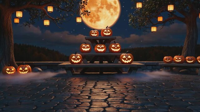 Glowing carved pumpkins arranged on stone terrace under full moon with trees and hanging lanterns at night. Halloween celebration concept. Design for postcard, greeting card, invitation, banner, poste