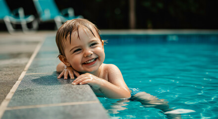 Little Child Leaning on Pool Edge