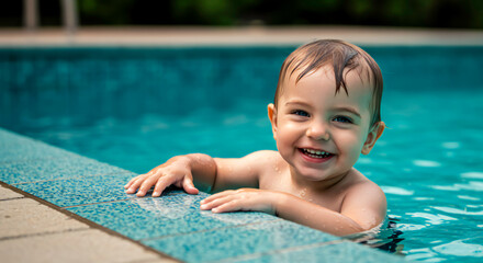 Little Child Leaning on Pool Edge