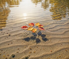 Autumn Leaves Floating on Water with Sunlight Reflection
