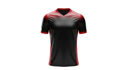 A sleek, black and red athletic jersey displayed against a white background, showcasing its design features.