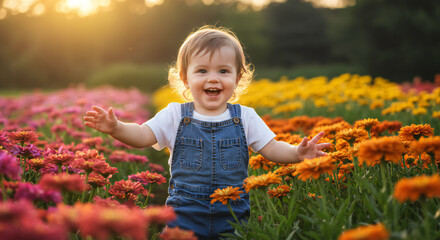 Little Child Playing in Flower Garden