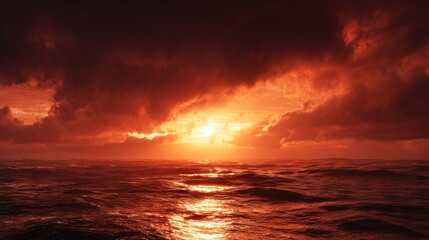 Fototapeta premium Fiery red sunset over dramatic ocean waves with heavy clouds and golden reflections, ideal for cinematic scenes, emotional storytelling, nature wallpapers, and adventure promotions.