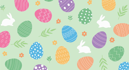 Cute Easter background with bunnies, flowers and colorful eggs for greeting cards and spring designs. Festive, cheerful, and perfect for celebrations