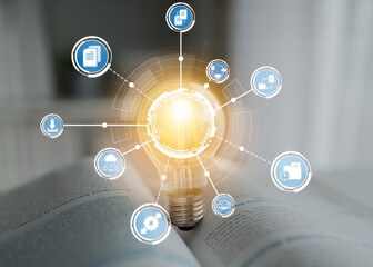 A glowing light bulb symbolizes ideas and innovation. Surrounding icons illustrate technology and creativity. The image captures knowledge in a serene study environment. Crux