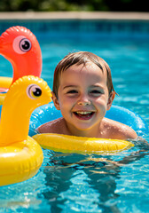 Little Child Playing with Inflatable Toys in Pool