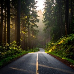 Sunlit forest road