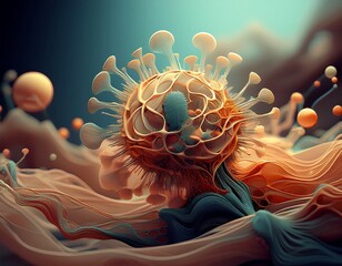 Microscopic View of Virus A Detailed 3D Render Illustrating Pathogens and Viral Structures