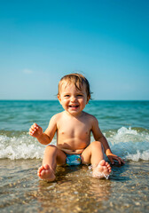 Little Child Playing with Waves