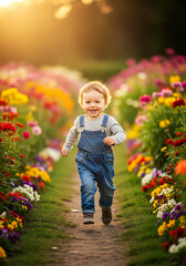 Little Child Running in Flower Garden