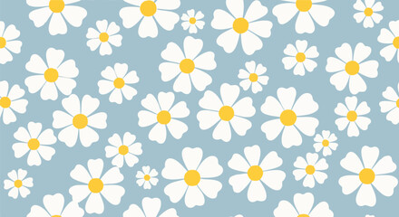 Seamless pattern with cartoon daisy flowers on light blue background